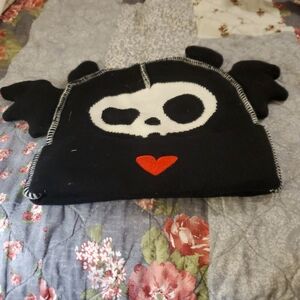Black Skull Beanie with Red Heart